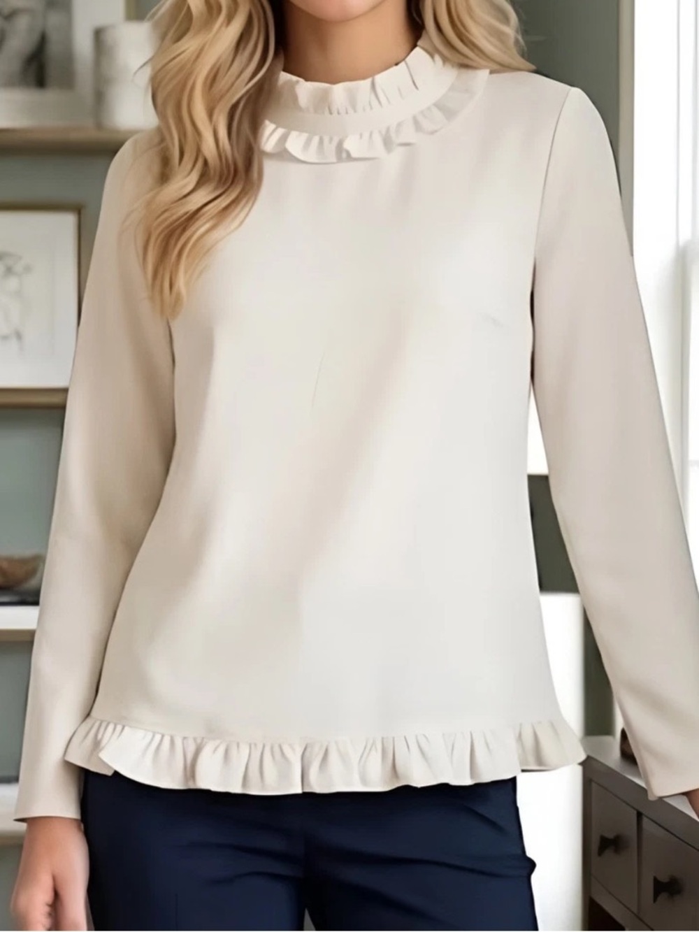 Sail to Sable STS White Ruffle Neck Blouse Long Sleeve Top Gold Zipper Large